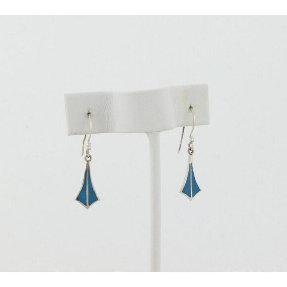 Sterling Silver Inlay Turquoise Earrings Dangle Drop 1 1/4" x 1/4" - Picture 6 of 8